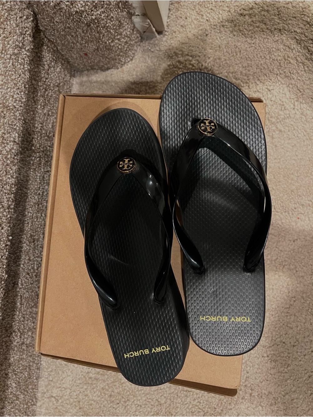 Tory Burch Black Platform Flip-Flops with Gold Logo